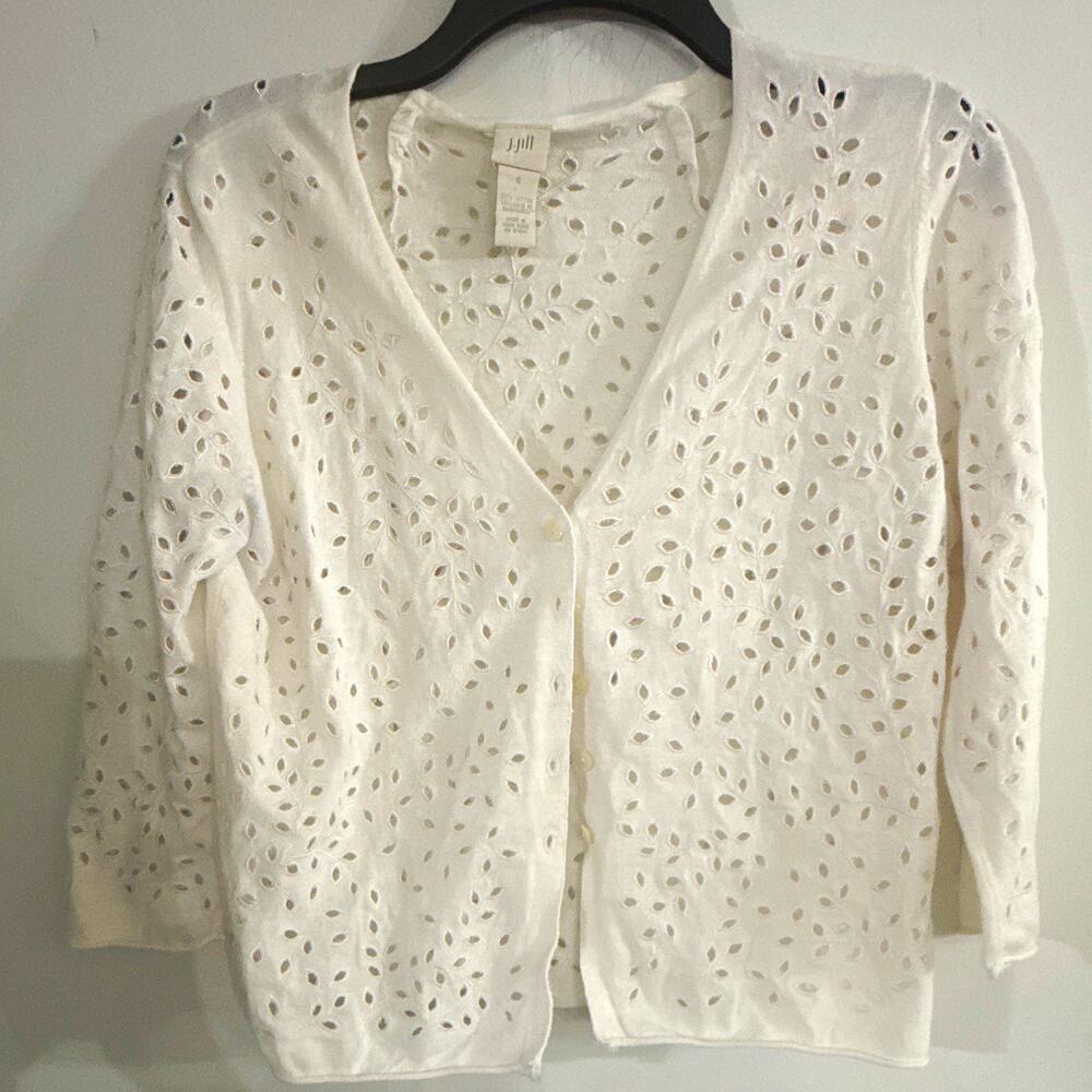 J Jill White Cotton Knit Eyelet Embroidered Button-Front V-Neck Cardigan S